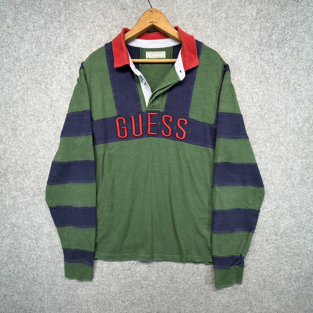 Vintage Guess Rugby Shirt Mens L Green Navy‎ Big Front Logo Embroidered Cotton